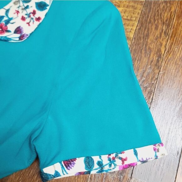 Vintage 60s 70s Teal Flower Print Bib Collar Grannycore Modest Dress - Picture 10 of 12